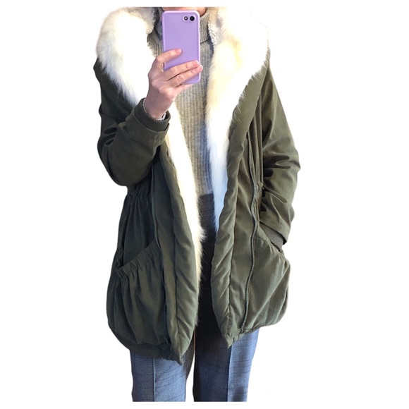 Roiii Womens Green Hooded Parka Coat Faux Fur Trim Sherpa Fleece Lining Zipper - Picture 2 of 16